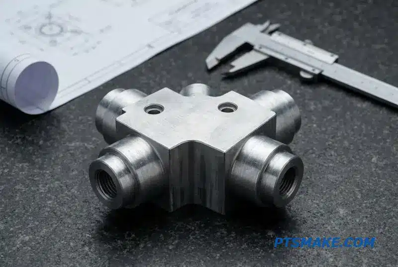 A close-up DSLR photo of a precision-machined hydraulic manifold block on a granite inspection table.