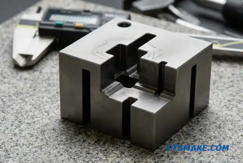 A close-up of a precision metal part with sharp internal corners, an example of electrical discharge machining services.
