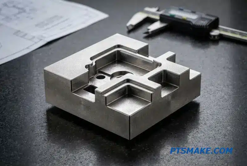 A precision steel component created with electrical discharge machining, displaying intricate cavities and sharp corners from the EDM process.