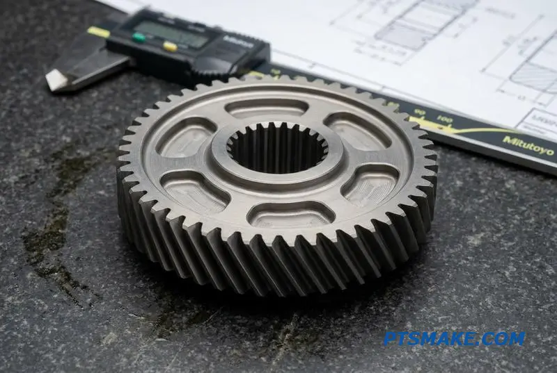 Close-up of a titanium gear with a fine surface finish from an electrical discharge process.