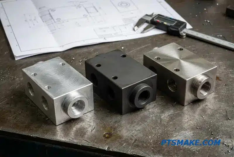 Close-up of aluminum, carbon steel, and stainless steel hydraulic manifolds on an engineering workbench.