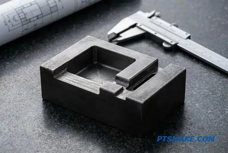 A close-up of a steel mold component with perfectly sharp internal corners, showcasing the precision of electrical discharge machining services.