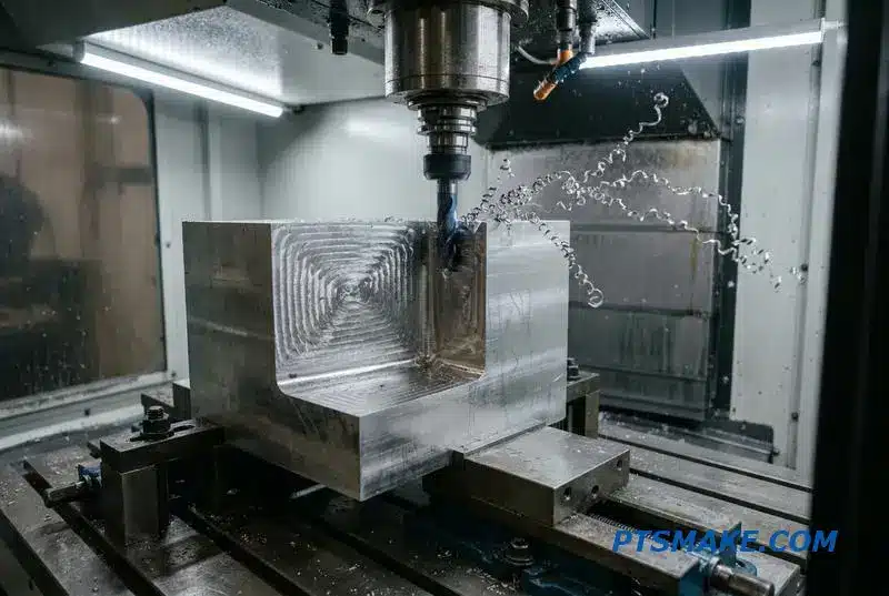A CNC milling machine efficiently carving an aluminum part, a cost-effective alternative to electrical discharge machining for simple geometries.