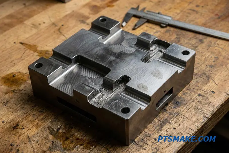 Close-up of a complex steel part made using precision spark erosion machining services.