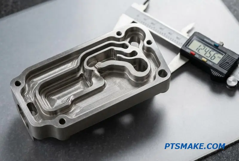 A precision stainless steel automotive component made with electrical discharge machining services, showcasing smooth rounded internal corners on a workshop table.