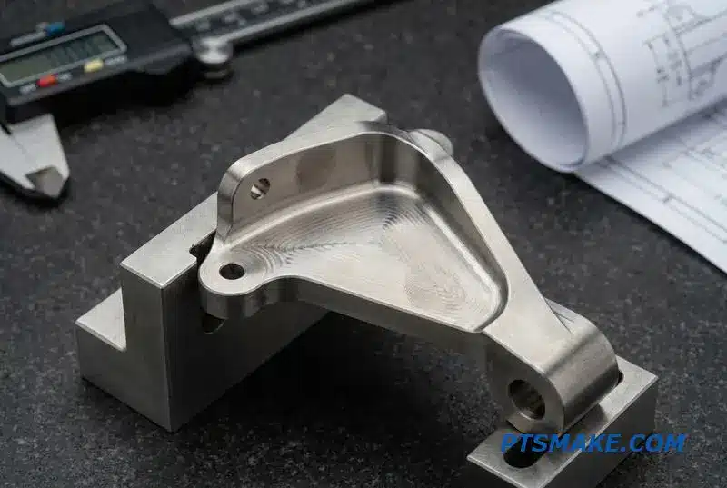 A close-up of a titanium component held in a fixture for an electrical discharge machining service, showing the setup process.