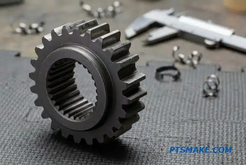 A detailed close-up of a precision-cut steel gear, produced using advanced electrical discharge machining services, on a workshop table.