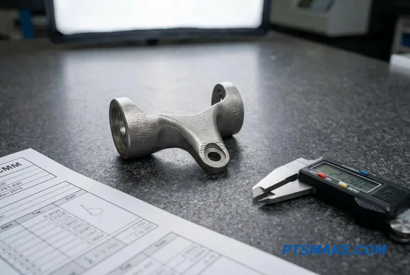 A precision-machined titanium part on an inspection table with a caliper, illustrating quality control for electrical discharge machining services.