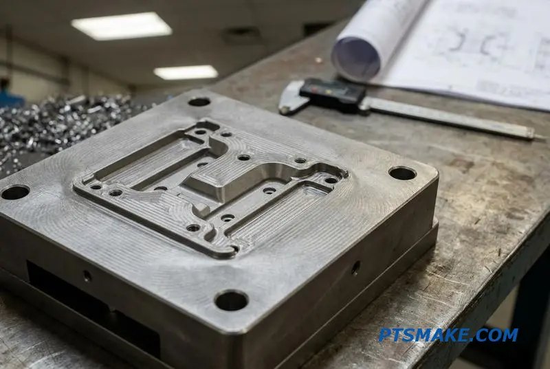 A detailed steel mold cavity, an example of electrical discharge machining for tooling, on a workbench.