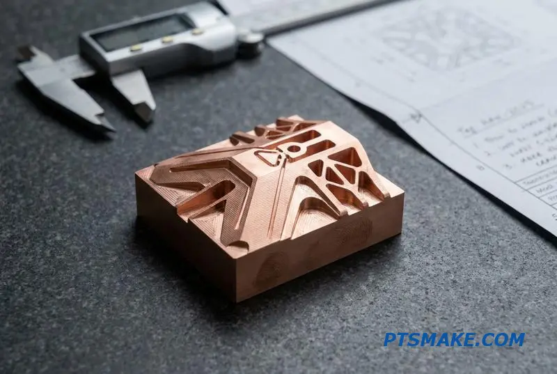 A close-up of a detailed copper electrode for precision electrical discharge machining, sitting on an inspection table.