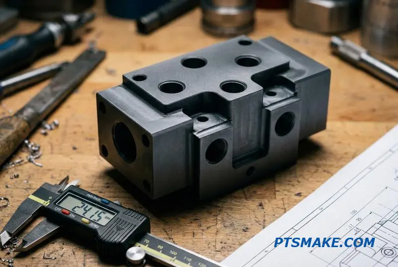 A CNC machined hydraulic manifold block undergoing quality inspection with a caliper on a workbench.