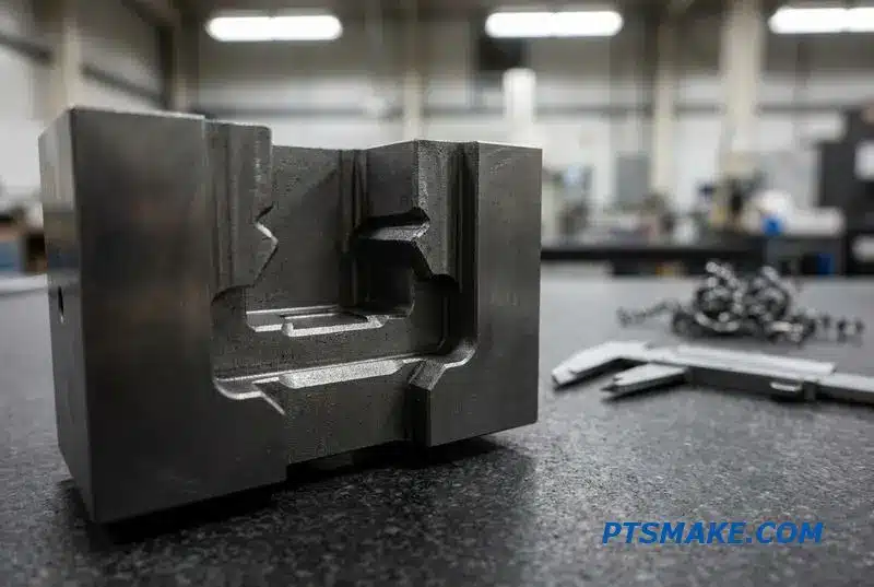 Close-up of a precision die component made from hardened steel, showing complex shapes created by electrical discharge machining services.