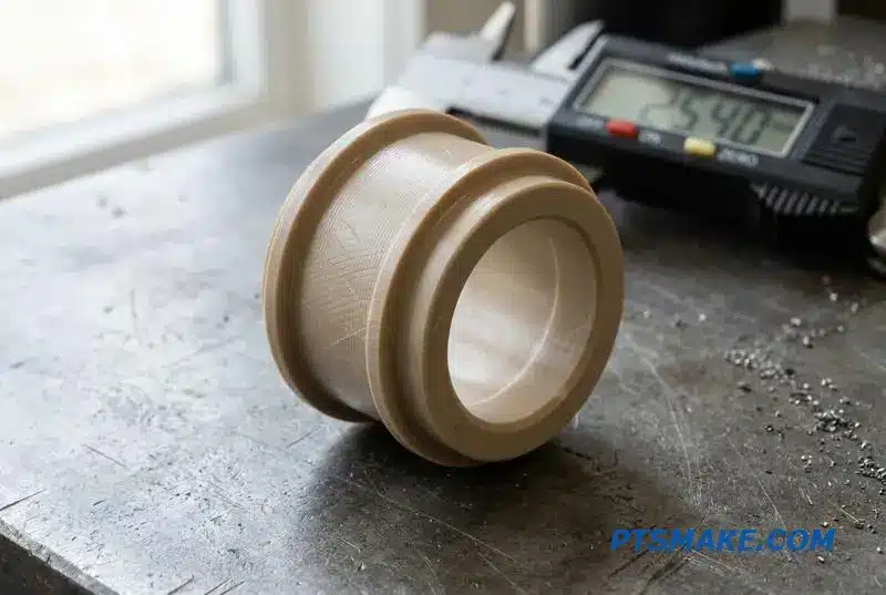 A close-up of a high-performance beige PEEK component, showcasing the precision of PEEK CNC fabrication on a workshop bench.