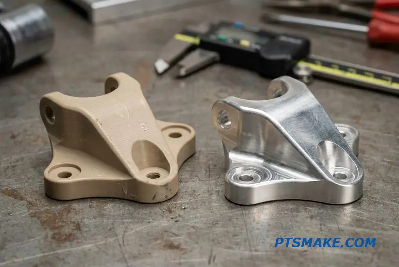 A side-by-side view of a part made via PEEK CNC milling and its identical aluminum twin, showcasing material differences.