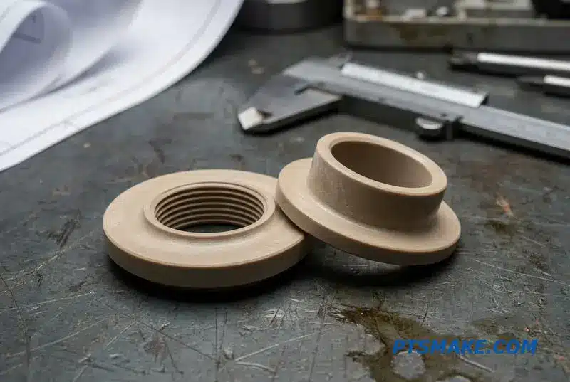 Close-up of a precision CNC PEEK valve seat and a PEEK bearing on a workshop measurement table with calipers in the background.