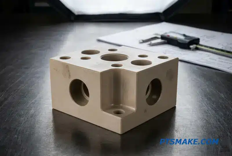 A close-up of a complex PEEK valve component, highlighting the precision of polymer machining for fluid control systems.