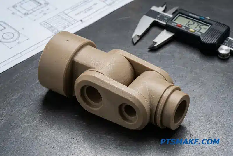 Close-up of a complex PEEK robotic component, showcasing the results of precision CNC PEEK manufacturing.