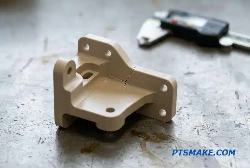 Close-up of a stress-cracked PEEK part, illustrating a failure point from the PEEK CNC fabrication process.