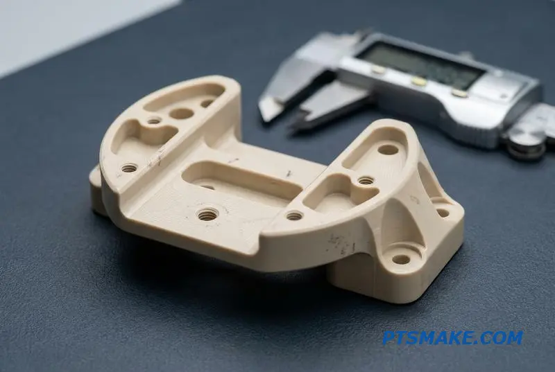 Close-up of a precision-machined beige PEEK component on an inspection table, showcasing the intricate results of polymer CNC fabrication.
