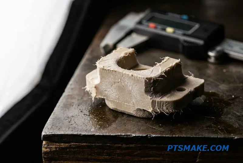 A close-up of a flawed beige PEEK part showing chalky surfaces and burrs from poor PEEK polymer machining.