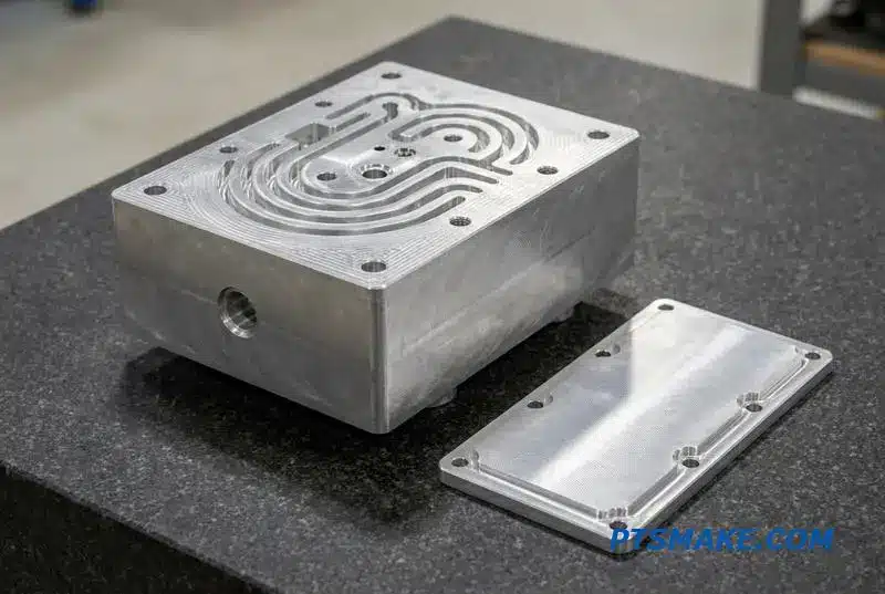 A detailed machined aluminum hydraulic manifold with milled channels and its cover plate on a workshop table