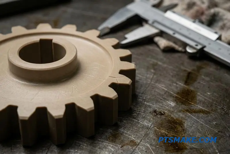 A close-up of a failed beige PEEK industrial part with a visible crack, illustrating the risks of improper PEEK polymer machining.