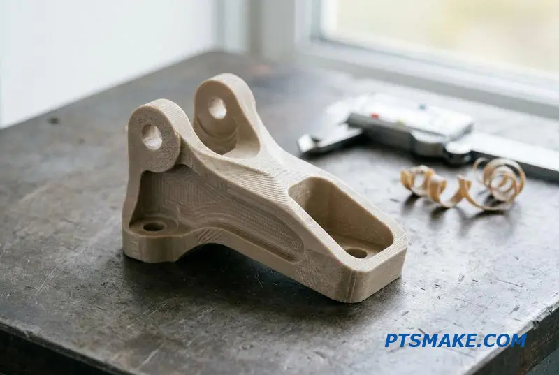 A detailed view of a custom PEEK part created through precision CNC services, highlighting its complex geometry and tight tolerances.