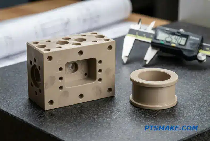 A collection of beige PEEK parts, showcasing the results of precision CNC PEEK fabrication for both complex and simple geometries.