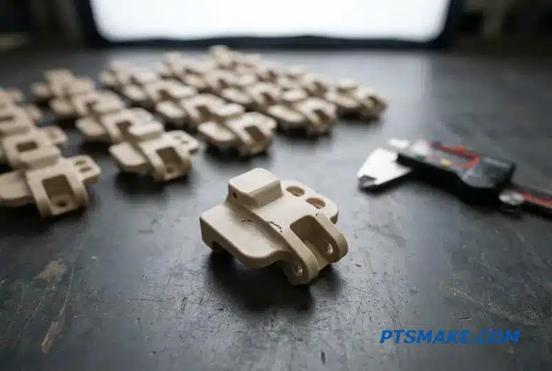 An array of beige PEEK medical parts, showcasing the scaling of custom PEEK machining from a single prototype to low-volume production.