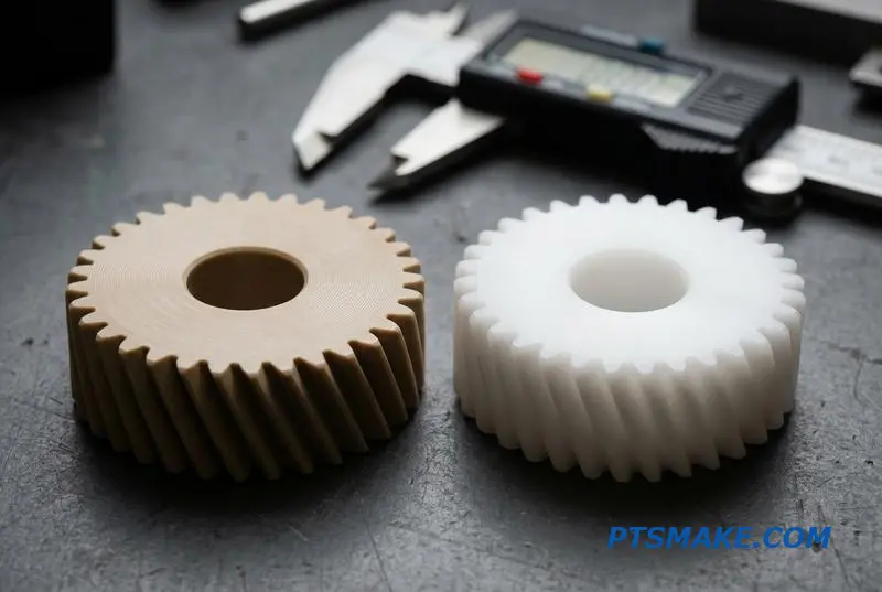 A comparison of custom PEEK and Acetal parts from a specialized CNC machining service on a workbench.