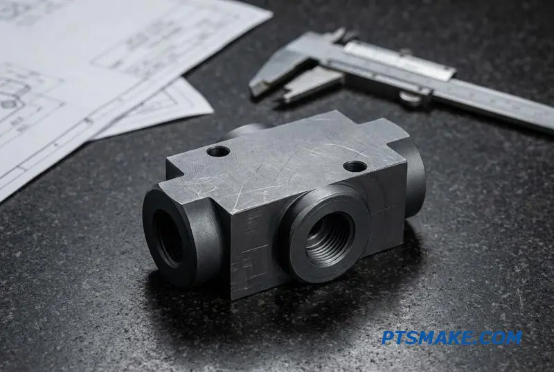 A close-up photograph of a complex, precision-machined hydraulic manifold block with multiple ports, demonstrating industrial manufacturing quality.