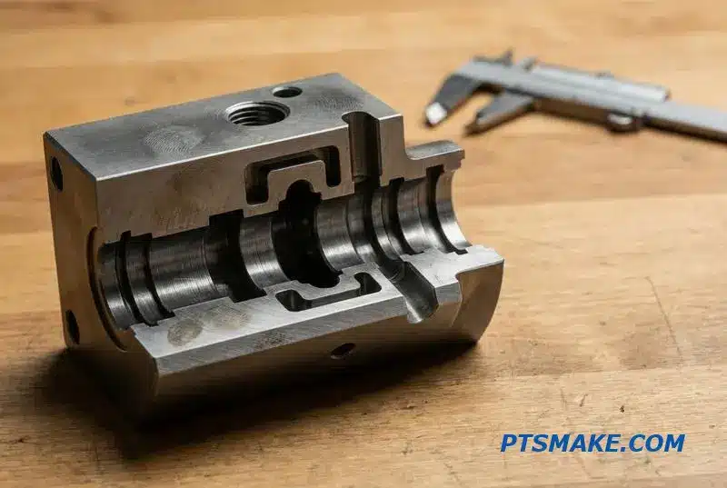 Detailed cutaway of an aluminum hydraulic control block, highlighting its internal precision-machined channels and smooth bore finishes.