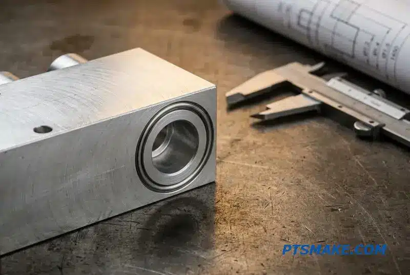 Detailed close-up of the O-ring groove on a precision-machined hydraulic manifold, showing the critical sealing face.