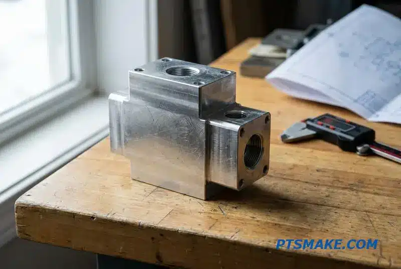 A close-up photo of a precision-machined hydraulic manifold block made of aluminum, resting on a workbench with calipers in the background.