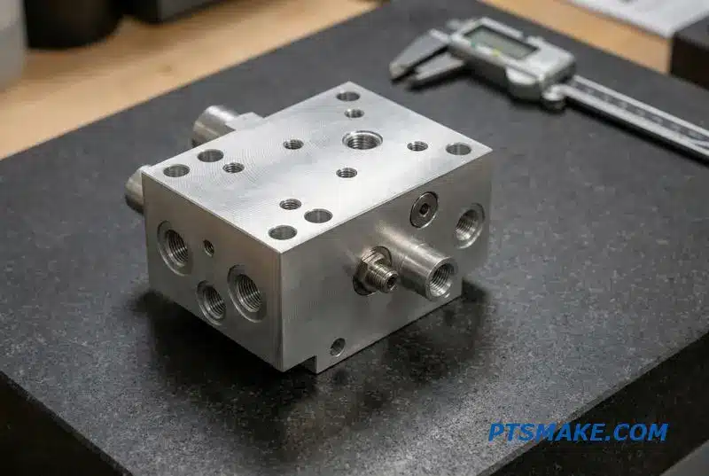 Close-up of a precision hydraulic control body on an inspection table, showing its complex ports and machined finish.
