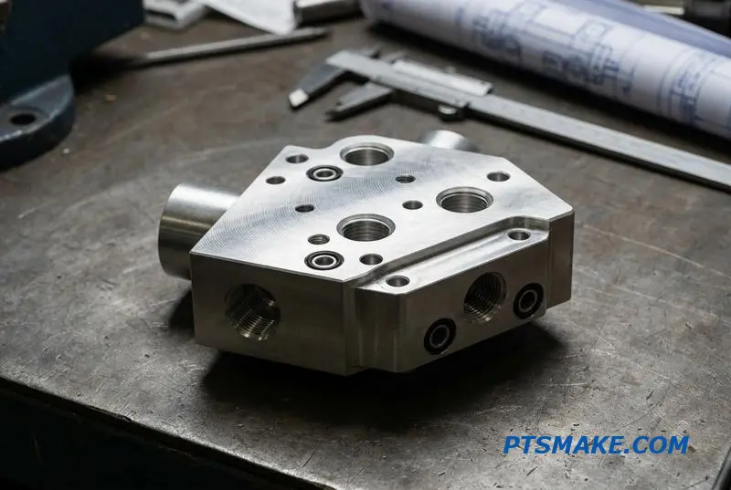 A close-up of a precision-machined hydraulic manifold block, showing intricate ports and bores, resting on an industrial surface.