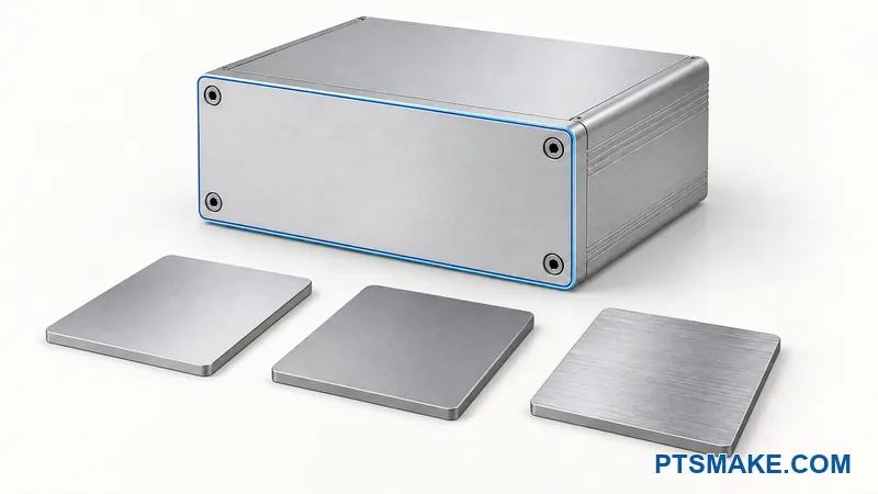 Illustrated aluminum enclosure beside satin and brushed finish reference specimens