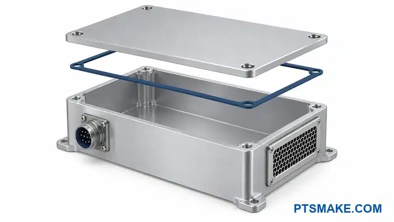 Exploded illustrative aluminum enclosure with lid, perimeter gasket, connector, and framed vent