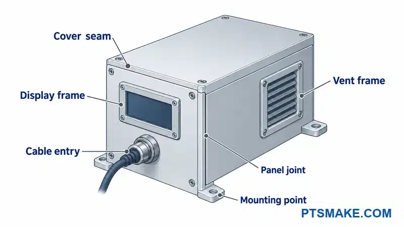 Labeled enclosure illustration locating cover seam, display frame, cable entry, vent frame, panel joint, and mounting point