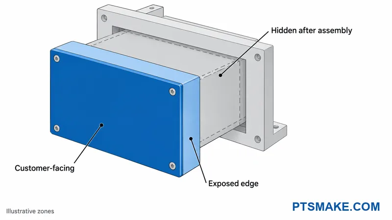 Engineering diagram showing customer-facing, exposed-edge, and hidden enclosure surfaces after assembly