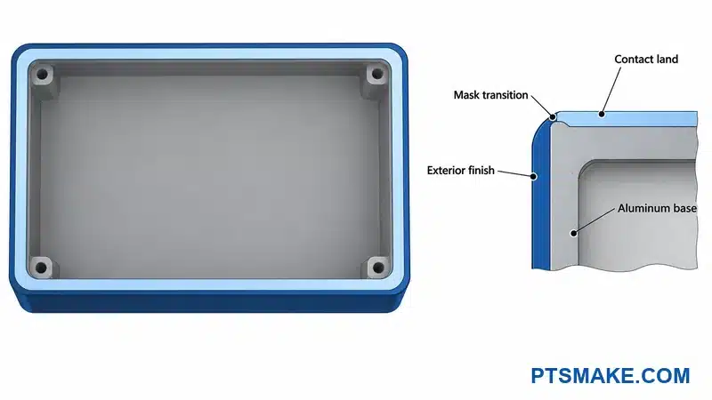 Hypothetical finish map distinguishing exterior finish, contact land, mask transition, and aluminum base