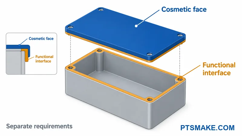 Exploded enclosure diagram with a blue cosmetic face and amber mating interfaces