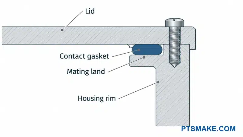 Conceptual cover seam section showing lid, contact gasket, mating land, and housing rim