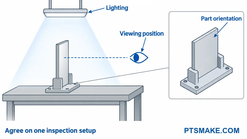 Visual inspection diagram showing lighting, viewing position, and fixed part orientation