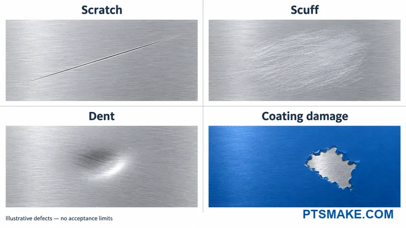 Four illustrated metal defects labeled scratch, scuff, dent, and coating damage