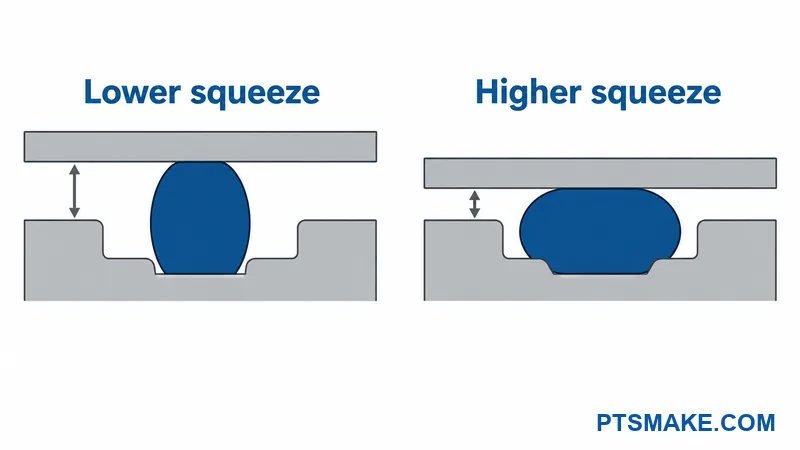 Conceptual gasket sections showing lower and higher squeeze as the lid-to-land gap changes