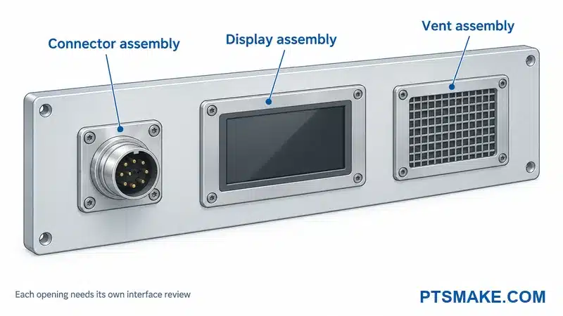Illustrative aluminum panel with separate connector, display and vent assemblies