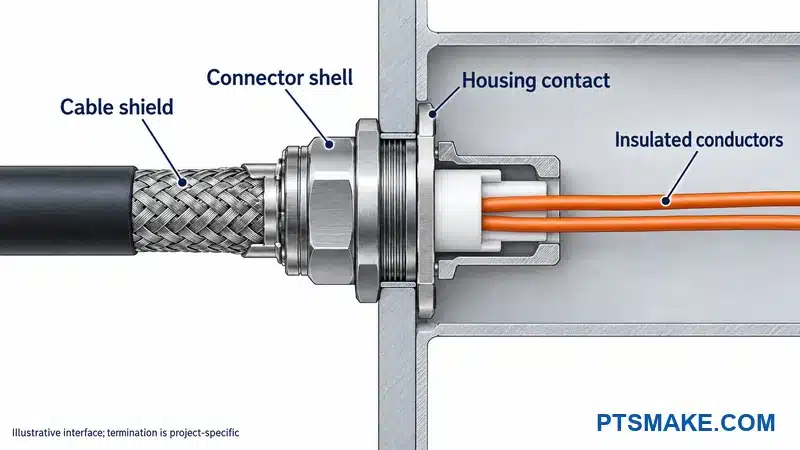 Cable shield and connector shell meet the housing while insulated conductors stay separate