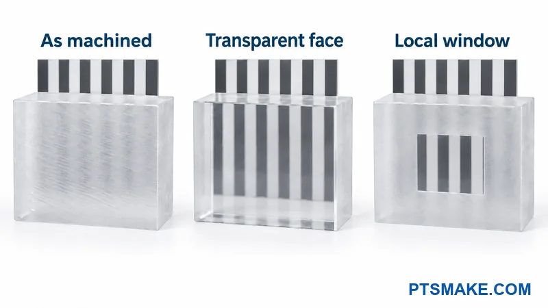 Three schematic acrylic samples show different finish goals