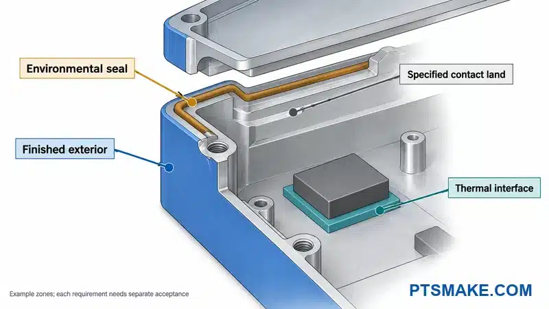 Cutaway separates finished exterior, conductive contact land, environmental seal and thermal interface